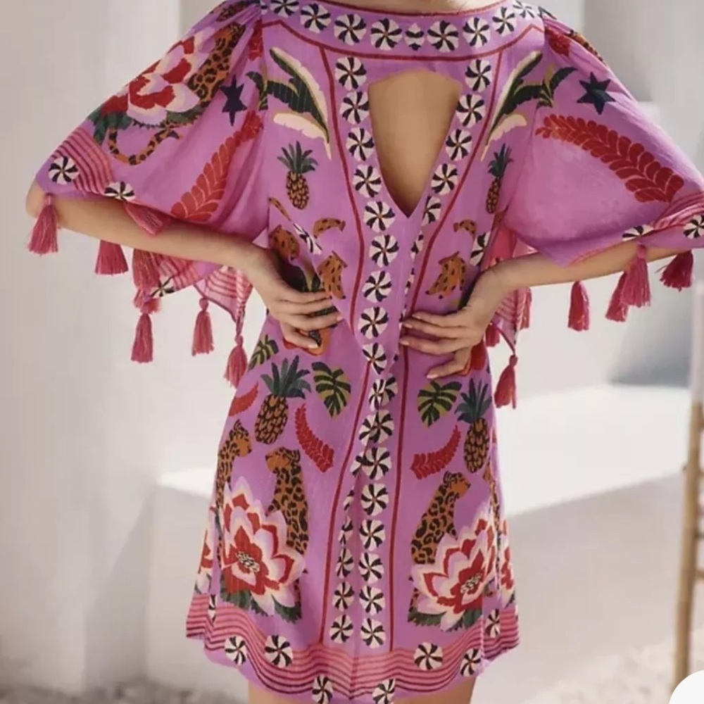 FARM Rio Leopard Forest Coverup S - Tropical Print Tassel Sleeve - Picture 7 of 13